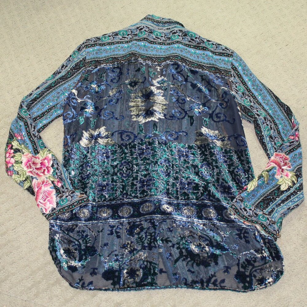 MUST OPEN TO SEE! Aratta Silent Journey Wm Sz S Blue Green Floral Striped Blouse - Picture 2 of 6